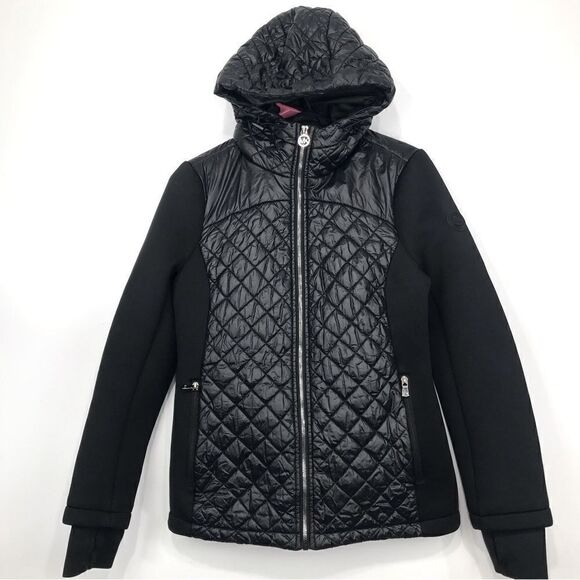 MICHAEL Michael Kors Black Quilted Scuba Side Hooded Zip Up Jacket - Picture 1 of 13